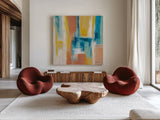 90s Color Blocks Sq by Silvia Vassileva. Shown as extra-large giant wall art in a modern living room. Available as an archival giclee rolled canvas, fine art paper, or poster print. SKU 72572a.