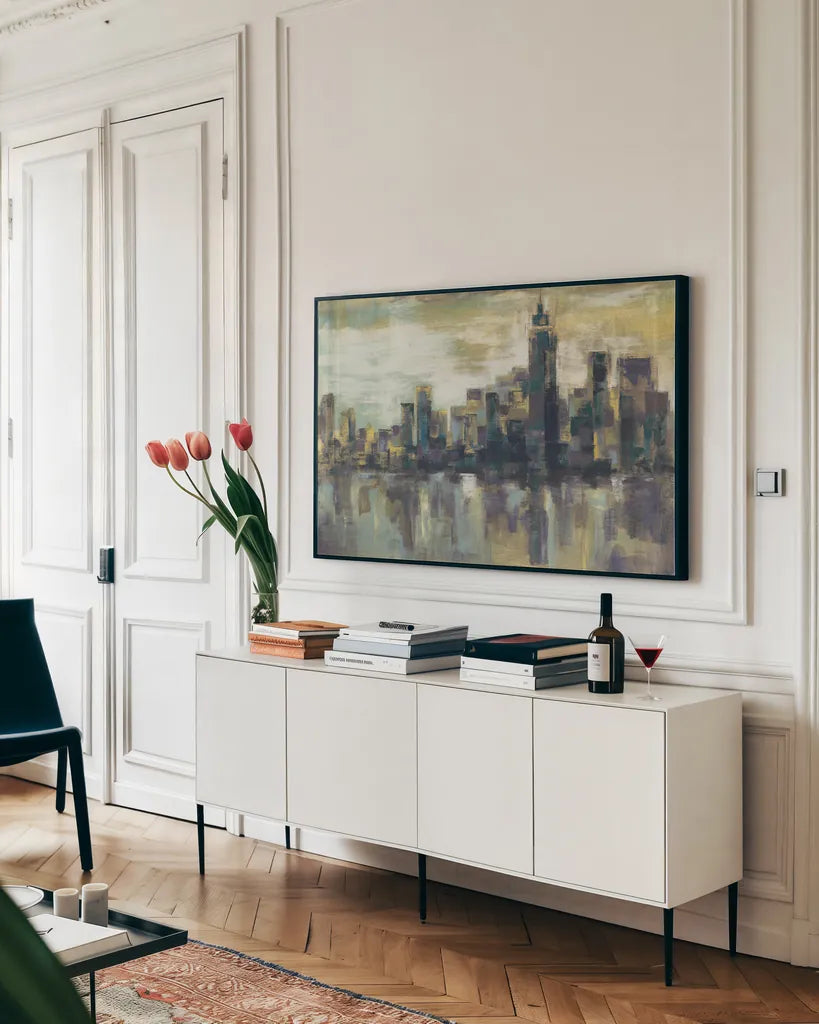 A Colorful Day in Manhattan by Silvia Vassileva. shown as a framed stretched canvas in a living room above a console. Available as a archival giclee rolled canvas, fine art paper, or poster print. SKU 75592i.