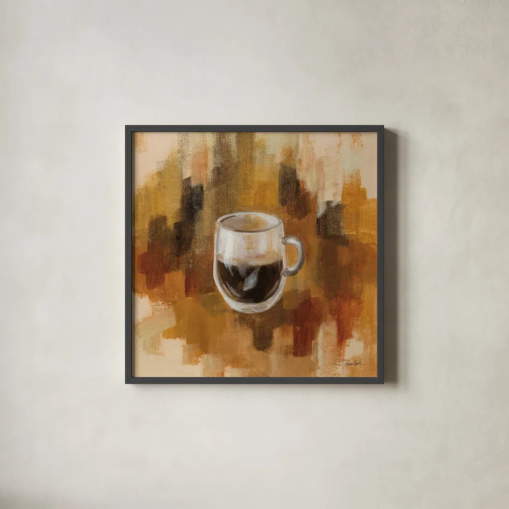 Abstract Coffee III by Silvia Vassileva. Shown in a sleek black glass frame for a contemporary gallery look. Available as an archival giclee rolled canvas, fine art paper, or poster print. SKU 84276a.