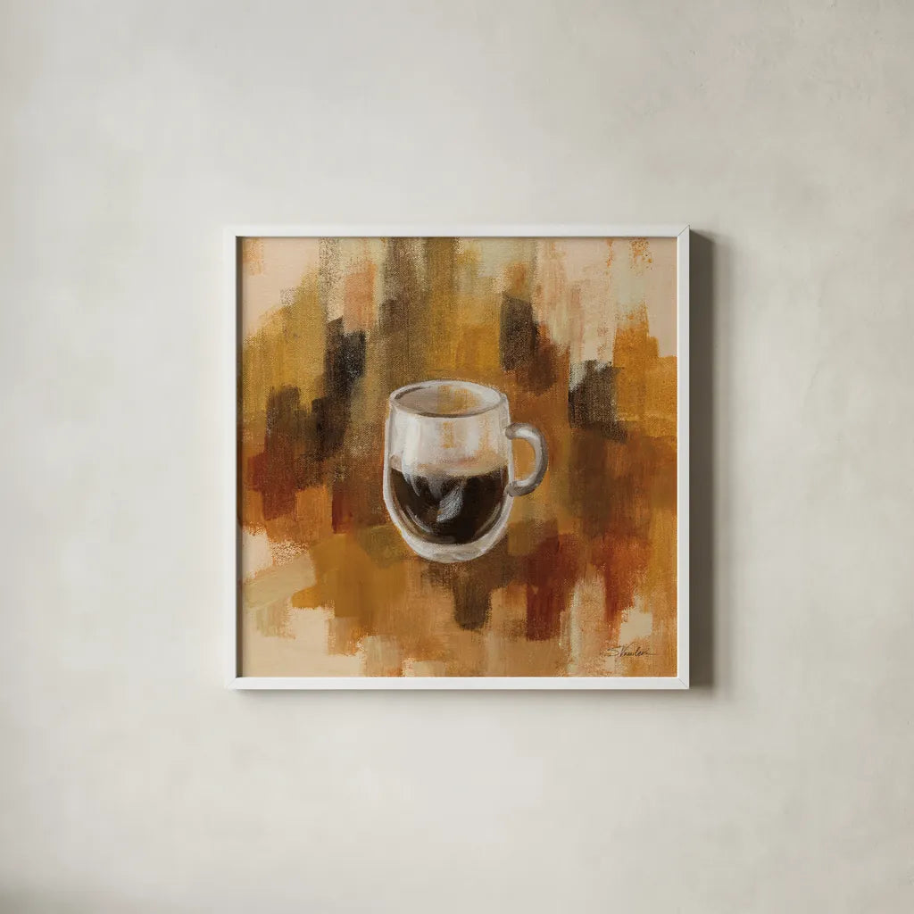 Abstract Coffee III by Silvia Vassileva. Shown in a crisp white glass frame for a clean and minimalist style. Available as an archival giclee rolled canvas, fine art paper, or poster print. SKU 84276a.