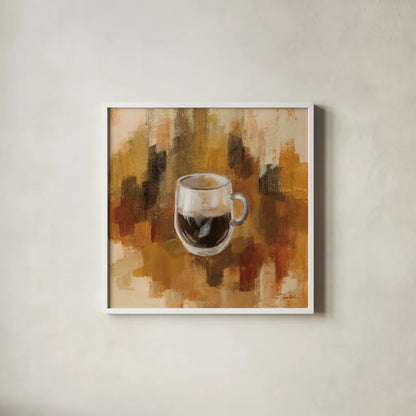 Abstract Coffee III by Silvia Vassileva. Shown in a crisp white glass frame for a clean and minimalist style. Available as an archival giclee rolled canvas, fine art paper, or poster print. SKU 84276a.