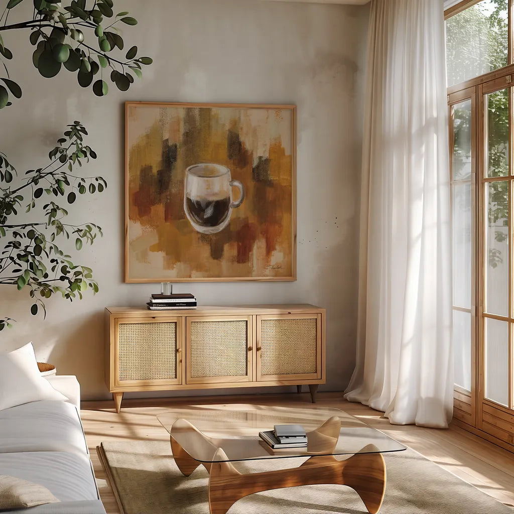 Abstract Coffee III by Silvia Vassileva. Shown in a natural wood frame in a cozy modern living room. Available as an archival giclee rolled canvas, fine art paper, or poster print. SKU 84276a.