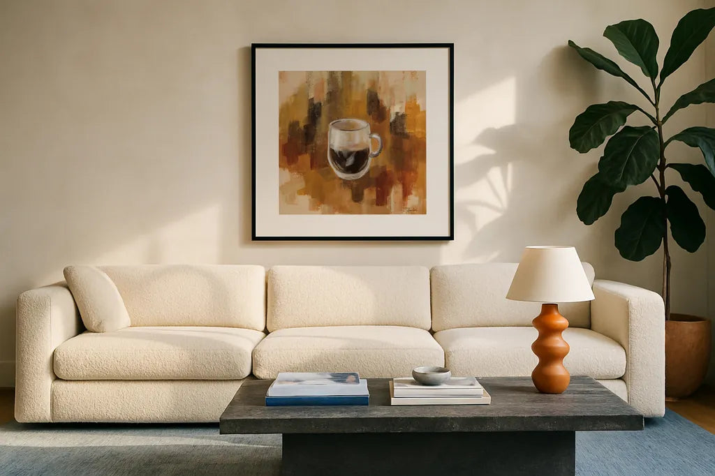 Abstract Coffee III by Silvia Vassileva. Displayed in a glass frame with matte in a clean modern living room. Available as an archival giclee rolled canvas, fine art paper, or poster print. SKU 84276a.