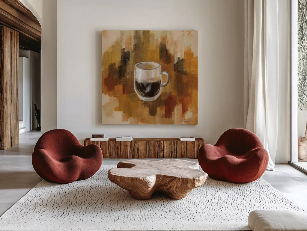 Abstract Coffee III by Silvia Vassileva. Shown as extra-large giant wall art in a modern living room. Available as an archival giclee rolled canvas, fine art paper, or poster print. SKU 84276a.