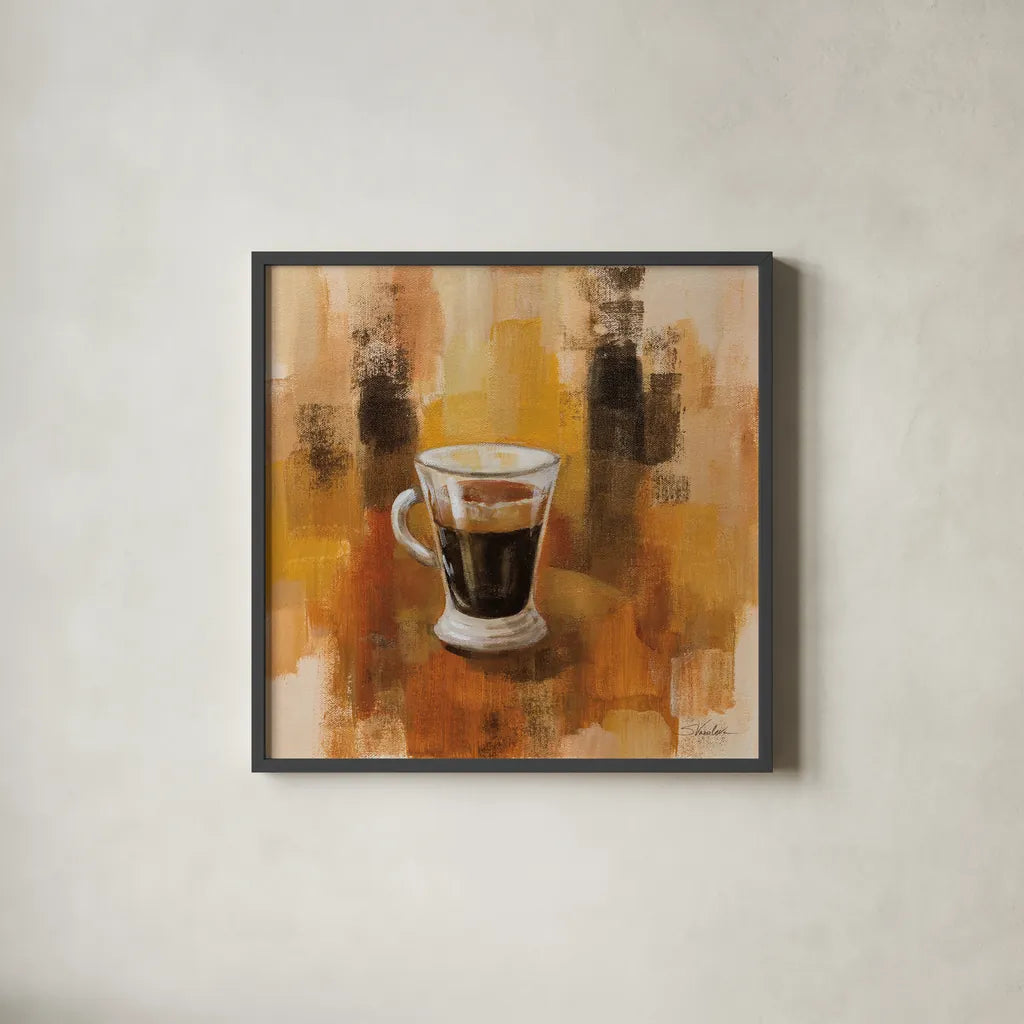 Abstract Coffee IV by Silvia Vassileva. Shown in a sleek black glass frame for a contemporary gallery look. Available as an archival giclee rolled canvas, fine art paper, or poster print. SKU 84277a.