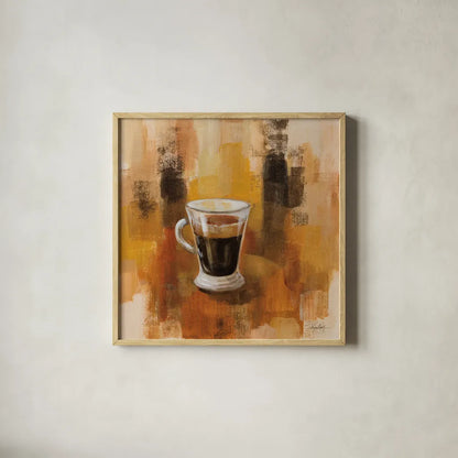 Abstract Coffee IV by Silvia Vassileva. Shown in a natural wood glass frame for a timeless modern aesthetic. Available as an archival giclee rolled canvas, fine art paper, or poster print. SKU 84277a.