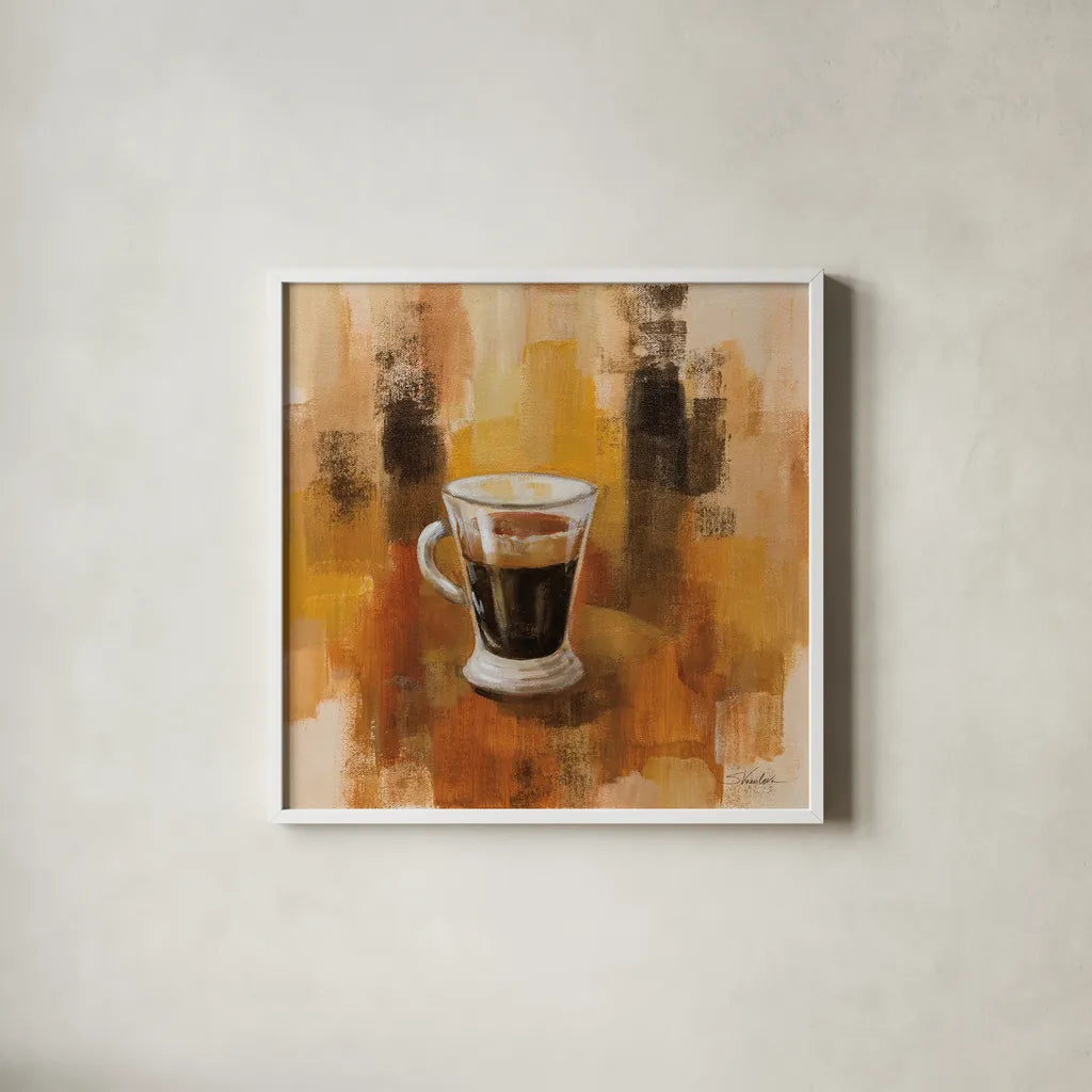 Abstract Coffee IV by Silvia Vassileva. Shown in a crisp white glass frame for a clean and minimalist style. Available as an archival giclee rolled canvas, fine art paper, or poster print. SKU 84277a.