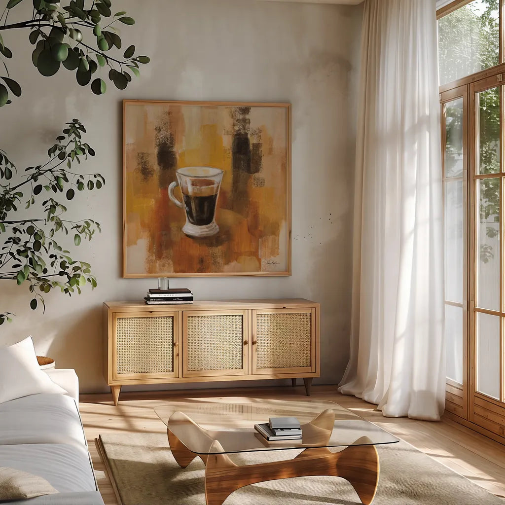 Abstract Coffee IV by Silvia Vassileva. Shown in a natural wood frame in a cozy modern living room. Available as an archival giclee rolled canvas, fine art paper, or poster print. SKU 84277a.