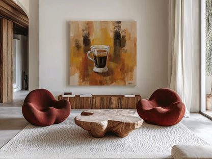 Abstract Coffee IV by Silvia Vassileva. Shown as extra-large giant wall art in a modern living room. Available as an archival giclee rolled canvas, fine art paper, or poster print. SKU 84277a.