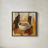 Abstract Coffee V by Silvia Vassileva. Shown in a sleek black glass frame for a contemporary gallery look. Available as an archival giclee rolled canvas, fine art paper, or poster print. SKU 84278a.