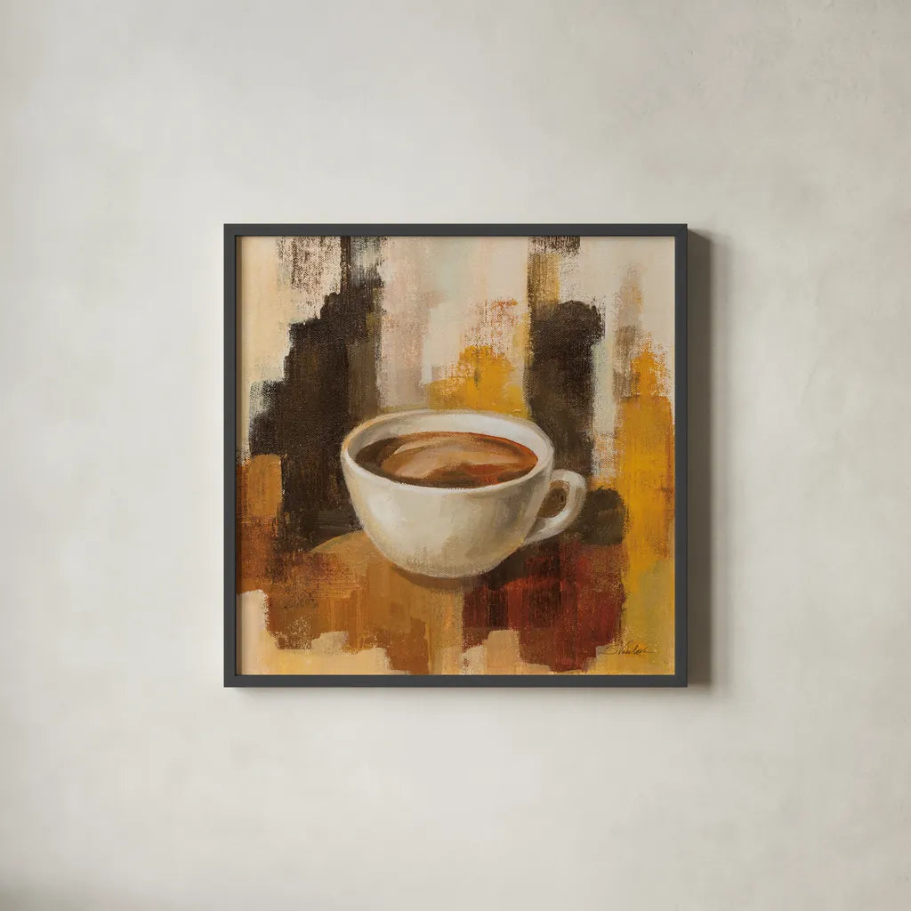 Abstract Coffee V by Silvia Vassileva. Shown in a sleek black glass frame for a contemporary gallery look. Available as an archival giclee rolled canvas, fine art paper, or poster print. SKU 84278a.