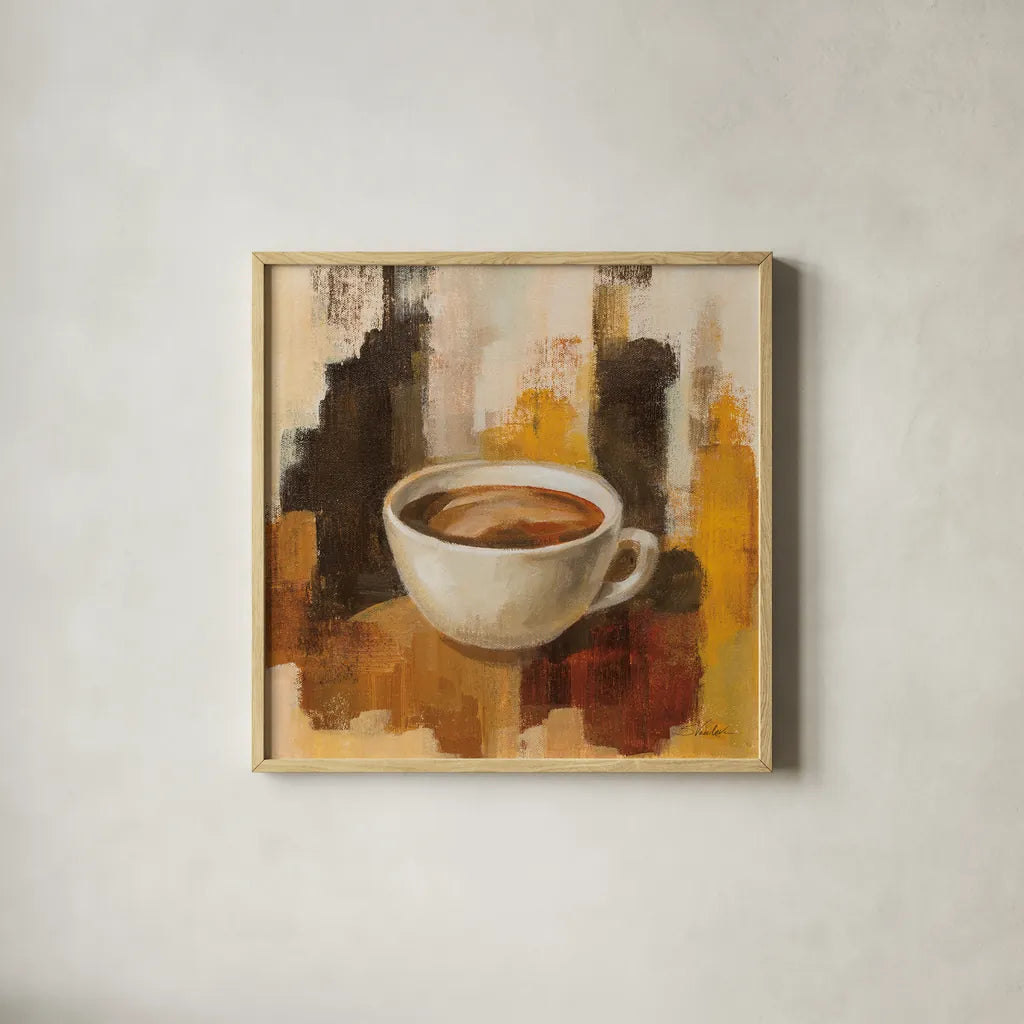 Abstract Coffee V by Silvia Vassileva. Shown in a natural wood glass frame for a timeless modern aesthetic. Available as an archival giclee rolled canvas, fine art paper, or poster print. SKU 84278a.