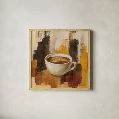Abstract Coffee V by Silvia Vassileva. Shown in a natural wood glass frame for a timeless modern aesthetic. Available as an archival giclee rolled canvas, fine art paper, or poster print. SKU 84278a.