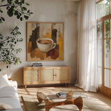 Abstract Coffee V by Silvia Vassileva. Shown in a natural wood frame in a cozy modern living room. Available as an archival giclee rolled canvas, fine art paper, or poster print. SKU 84278a.