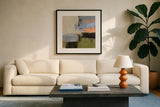 Abstract Fragments I by Silvia Vassileva. Displayed in a glass frame with matte in a clean modern living room. Available as an archival giclee rolled canvas, fine art paper, or poster print. SKU 92004a.