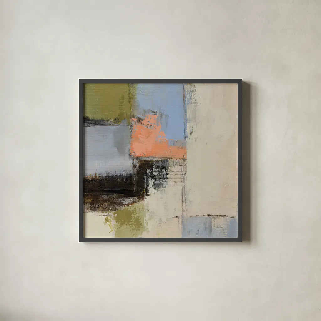 Abstract Fragments II by Silvia Vassileva. Shown in a sleek black glass frame for a contemporary gallery look. Available as an archival giclee rolled canvas, fine art paper, or poster print. SKU 92005a.