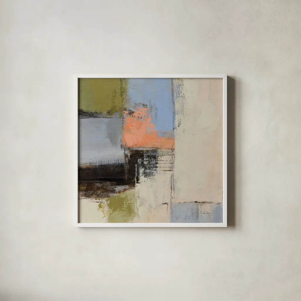 Abstract Fragments II by Silvia Vassileva. Shown in a crisp white glass frame for a clean and minimalist style. Available as an archival giclee rolled canvas, fine art paper, or poster print. SKU 92005a.