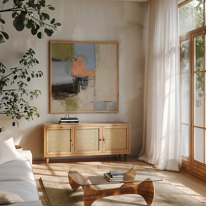 Abstract Fragments II by Silvia Vassileva. Shown in a natural wood frame in a cozy modern living room. Available as an archival giclee rolled canvas, fine art paper, or poster print. SKU 92005a.