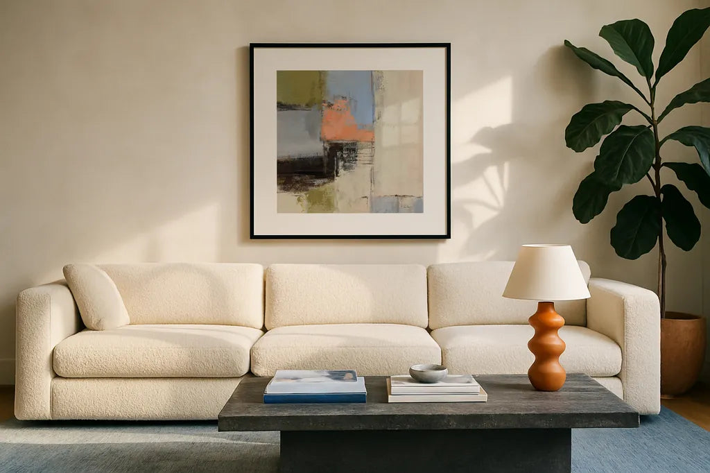 Abstract Fragments II by Silvia Vassileva. Displayed in a glass frame with matte in a clean modern living room. Available as an archival giclee rolled canvas, fine art paper, or poster print. SKU 92005a.