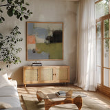 Abstract Fragments III by Silvia Vassileva. Shown in a natural wood frame in a cozy modern living room. Available as an archival giclee rolled canvas, fine art paper, or poster print. SKU 92006a.