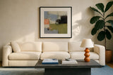 Abstract Fragments III by Silvia Vassileva. Displayed in a glass frame with matte in a clean modern living room. Available as an archival giclee rolled canvas, fine art paper, or poster print. SKU 92006a.