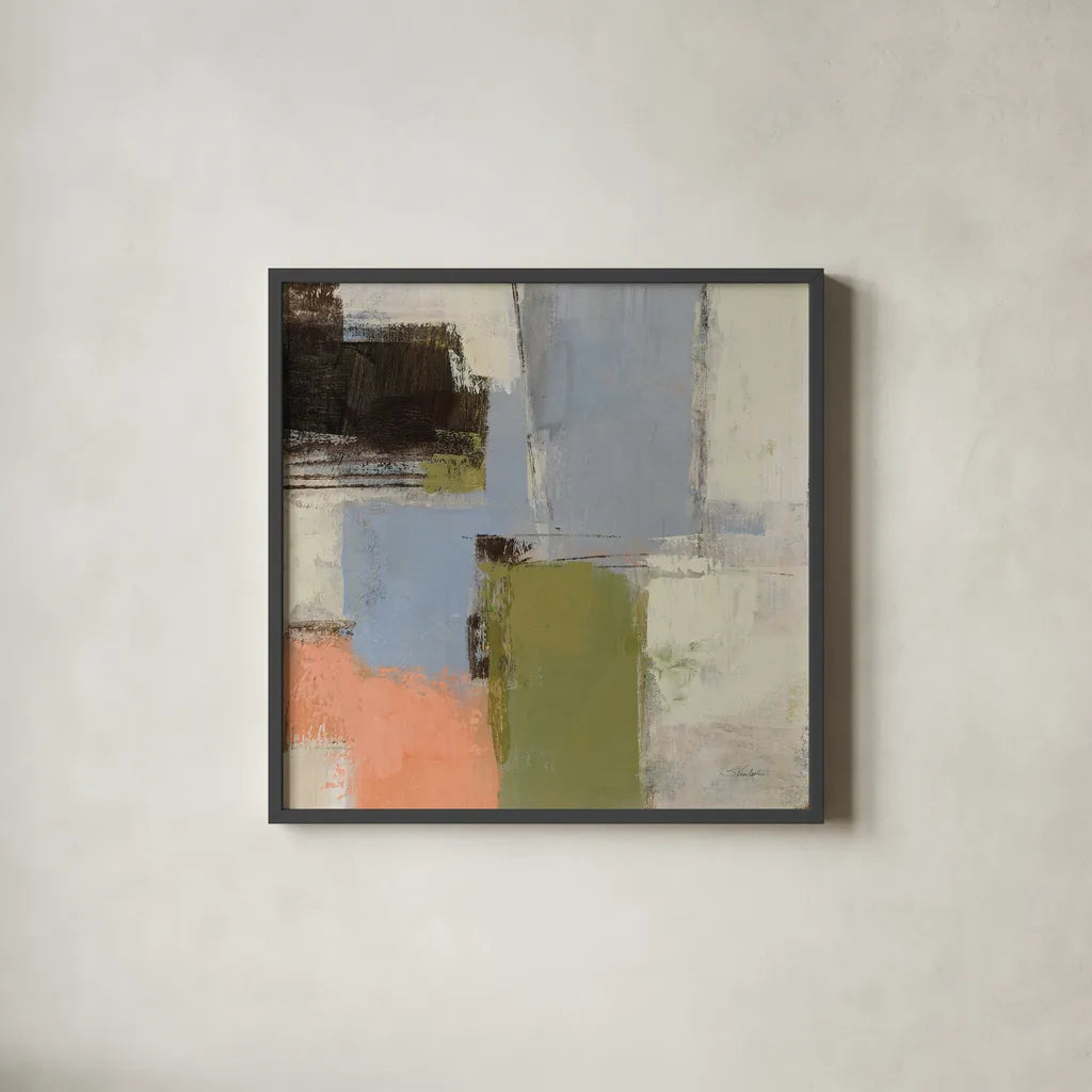 Abstract Fragments IV by Silvia Vassileva. Shown in a sleek black glass frame for a contemporary gallery look. Available as an archival giclee rolled canvas, fine art paper, or poster print. SKU 92007a.
