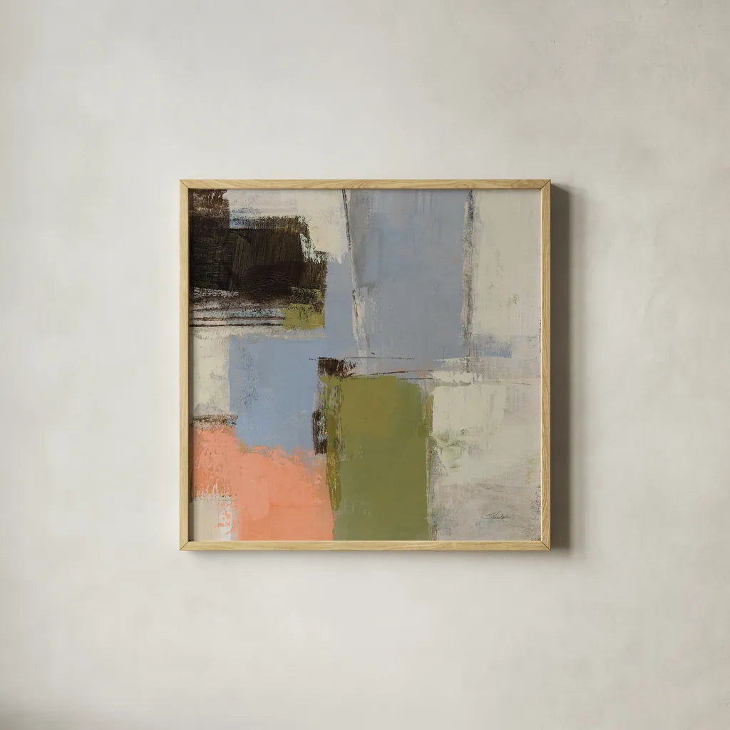 Abstract Fragments IV by Silvia Vassileva. Shown in a natural wood glass frame for a timeless modern aesthetic. Available as an archival giclee rolled canvas, fine art paper, or poster print. SKU 92007a.