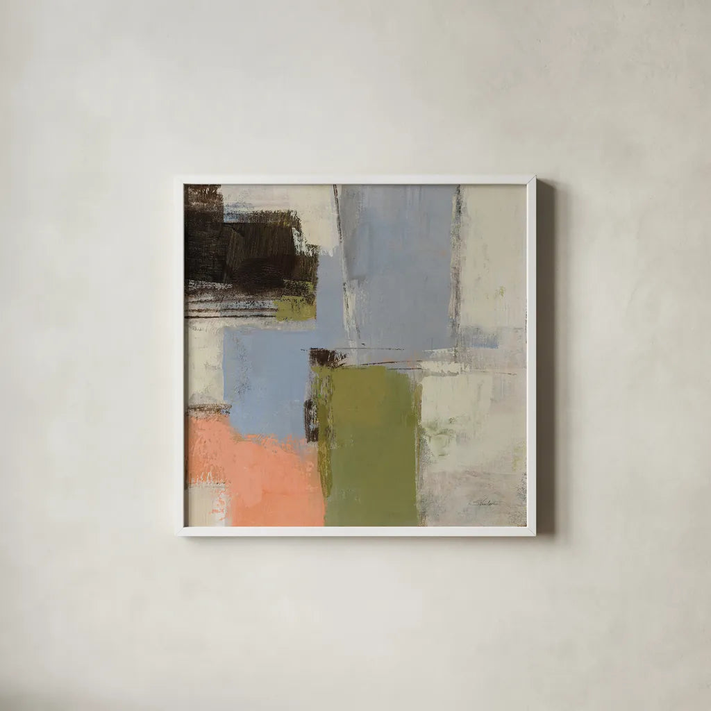 Abstract Fragments IV by Silvia Vassileva. Shown in a crisp white glass frame for a clean and minimalist style. Available as an archival giclee rolled canvas, fine art paper, or poster print. SKU 92007a.