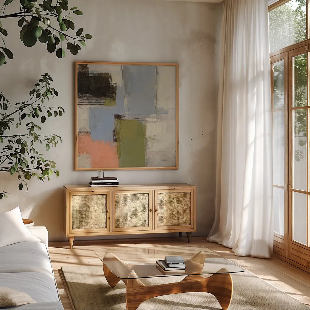 Abstract Fragments IV by Silvia Vassileva. Shown in a natural wood frame in a cozy modern living room. Available as an archival giclee rolled canvas, fine art paper, or poster print. SKU 92007a.