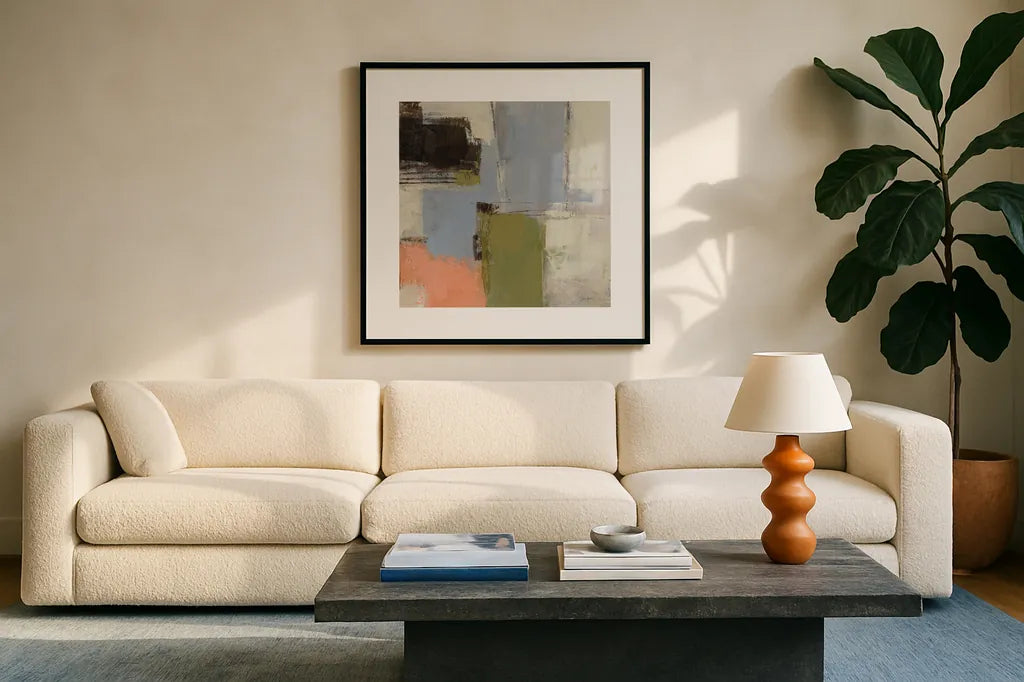 Abstract Fragments IV by Silvia Vassileva. Displayed in a glass frame with matte in a clean modern living room. Available as an archival giclee rolled canvas, fine art paper, or poster print. SKU 92007a.