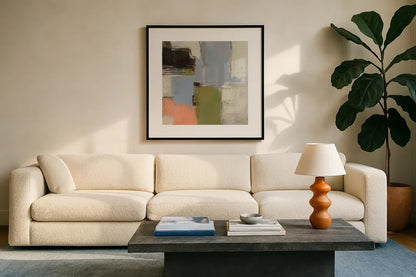 Abstract Fragments IV by Silvia Vassileva. Displayed in a glass frame with matte in a clean modern living room. Available as an archival giclee rolled canvas, fine art paper, or poster print. SKU 92007a.