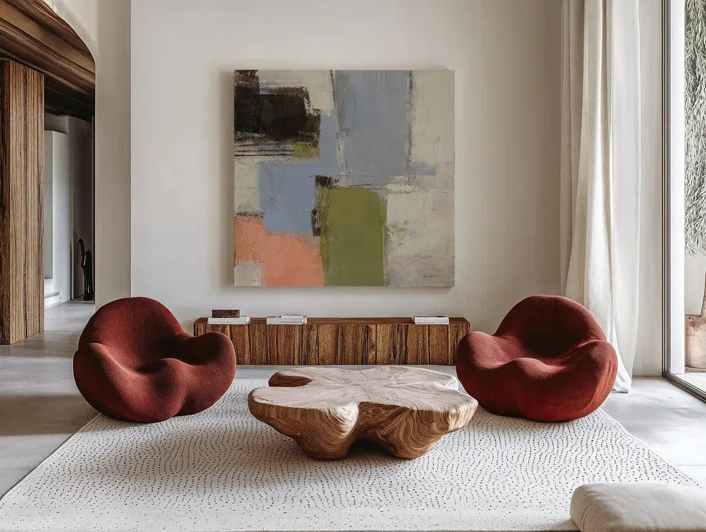 Abstract Fragments IV by Silvia Vassileva. Shown as extra-large giant wall art in a modern living room. Available as an archival giclee rolled canvas, fine art paper, or poster print. SKU 92007a.