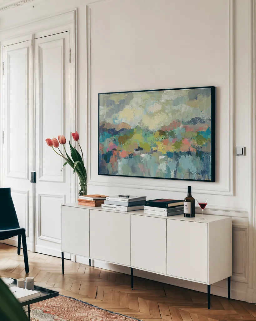 Abstract Lakeside by Silvia Vassileva. shown as a framed stretched canvas in a living room above a console. Available as a archival giclee rolled canvas, fine art paper, or poster print. SKU 18784i.