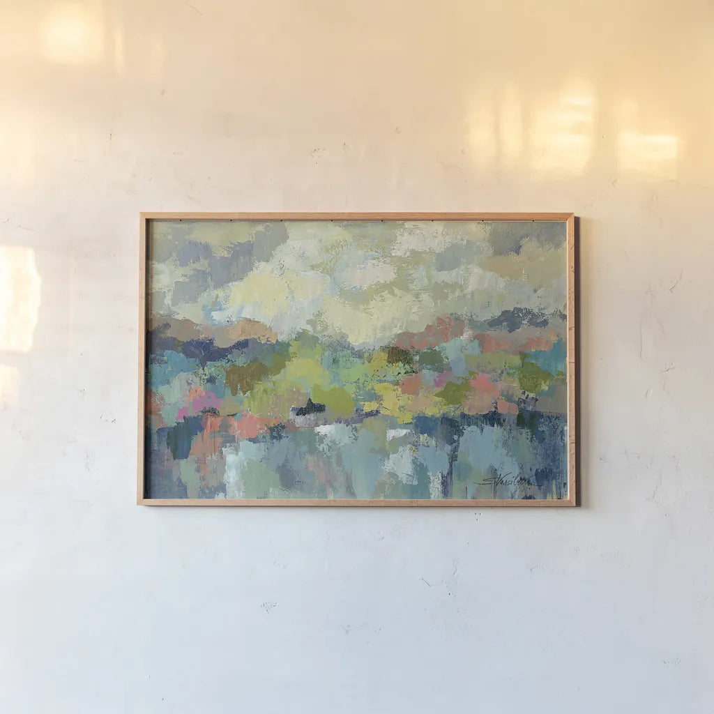 Abstract Lakeside by Silvia Vassileva. shown as a paper print in a natural frame. Available as a archival giclee rolled canvas, fine art paper, or poster print. SKU 18784i.