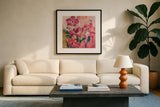 Abstract Orchid by Silvia Vassileva. Displayed in a glass frame with matte in a clean modern living room. Available as an archival giclee rolled canvas, fine art paper, or poster print. SKU 98019a.