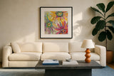 Abstracted Petals I by Silvia Vassileva. Displayed in a glass frame with matte in a clean modern living room. Available as an archival giclee rolled canvas, fine art paper, or poster print. SKU 23889a.