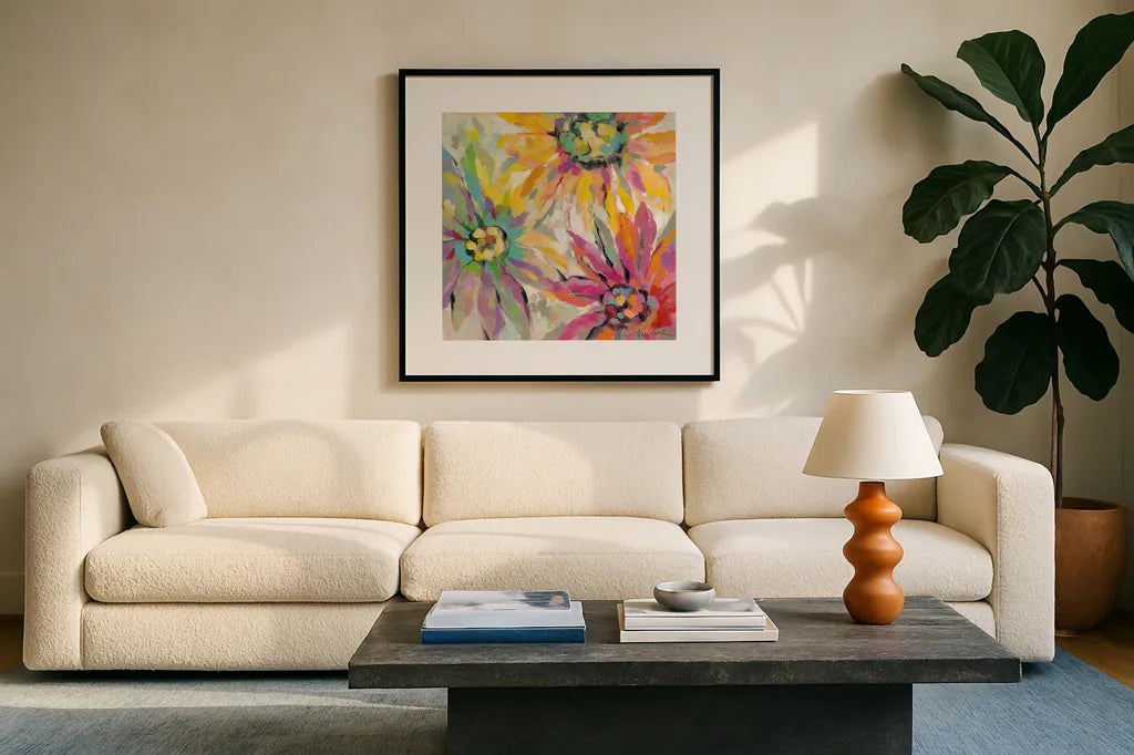 Abstracted Petals I by Silvia Vassileva. Displayed in a glass frame with matte in a clean modern living room. Available as an archival giclee rolled canvas, fine art paper, or poster print. SKU 23889a.