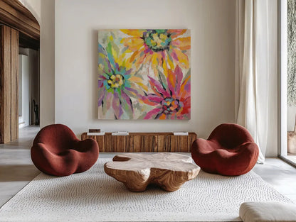 Abstracted Petals I by Silvia Vassileva. Shown as extra-large giant wall art in a modern living room. Available as an archival giclee rolled canvas, fine art paper, or poster print. SKU 23889a.
