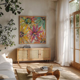 Abstracted Petals II by Silvia Vassileva. Shown in a natural wood frame in a cozy modern living room. Available as an archival giclee rolled canvas, fine art paper, or poster print. SKU 23890a.