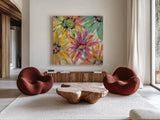 Abstracted Petals II by Silvia Vassileva. Shown as extra-large giant wall art in a modern living room. Available as an archival giclee rolled canvas, fine art paper, or poster print. SKU 23890a.