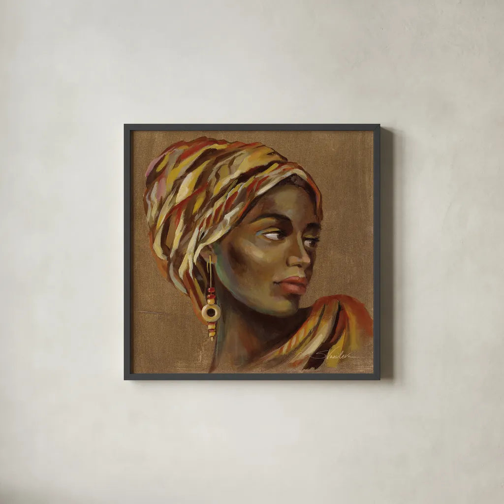 African Beauty I by Silvia Vassileva. Shown in a sleek black glass frame for a contemporary gallery look. Available as an archival giclee rolled canvas, fine art paper, or poster print. SKU 70485a.
