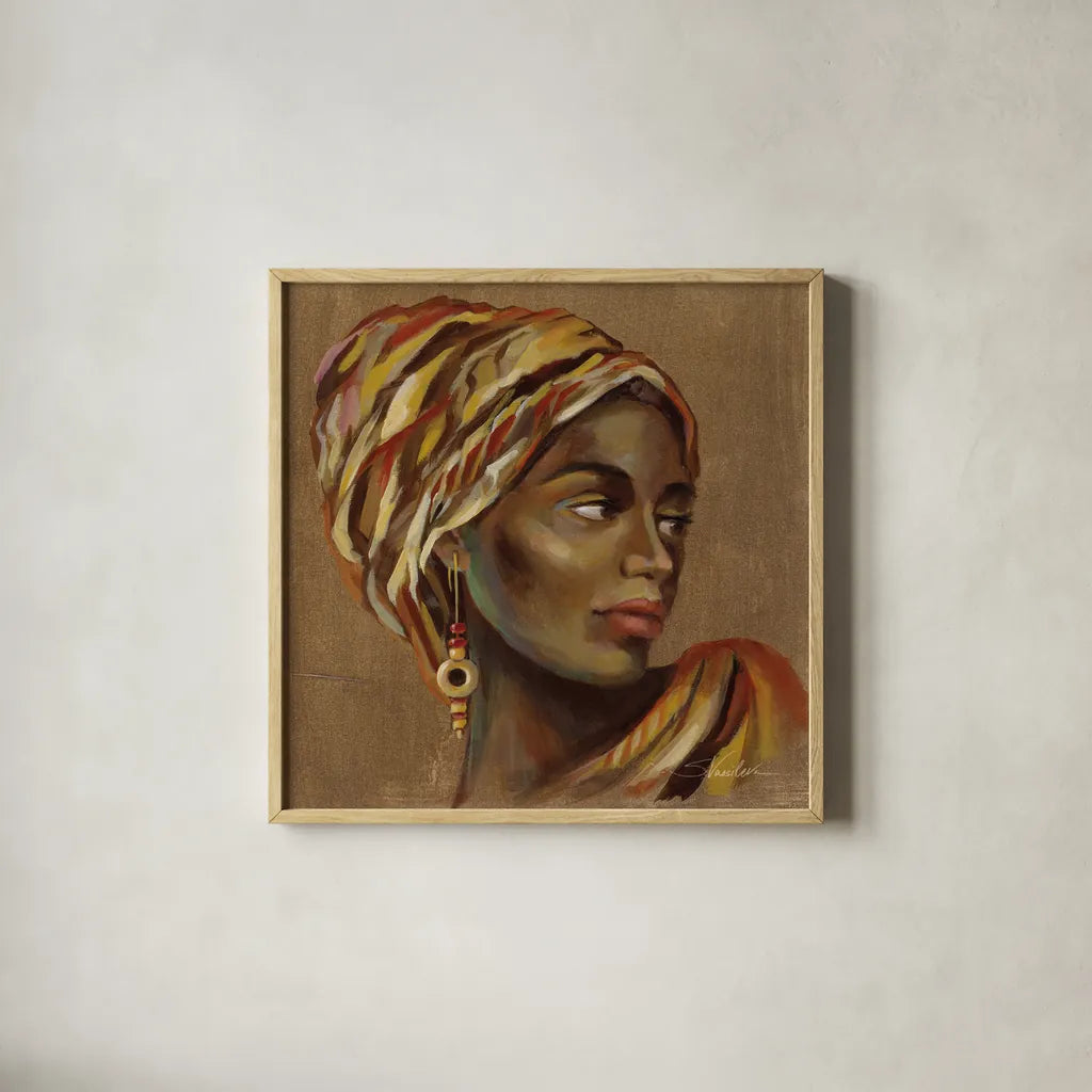 African Beauty I by Silvia Vassileva. Shown in a natural wood glass frame for a timeless modern aesthetic. Available as an archival giclee rolled canvas, fine art paper, or poster print. SKU 70485a.