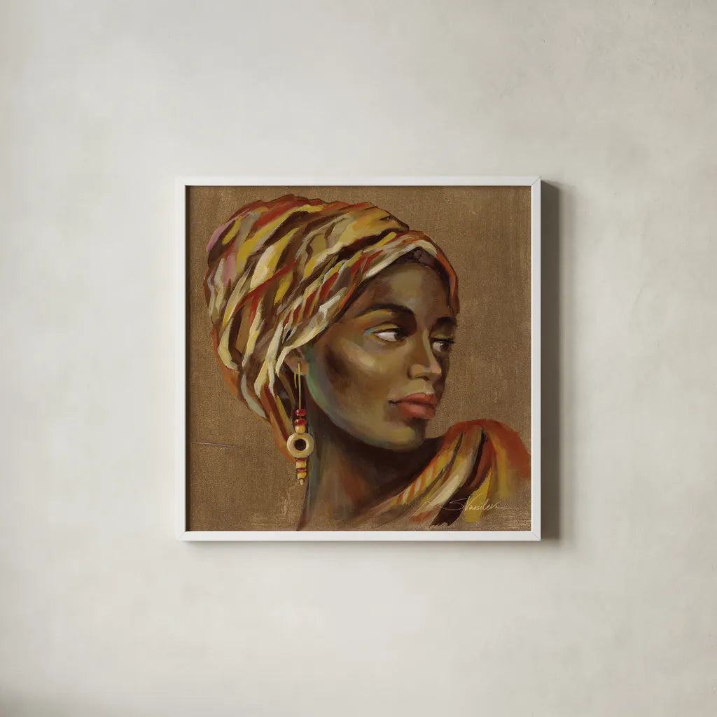 African Beauty I by Silvia Vassileva. Shown in a crisp white glass frame for a clean and minimalist style. Available as an archival giclee rolled canvas, fine art paper, or poster print. SKU 70485a.