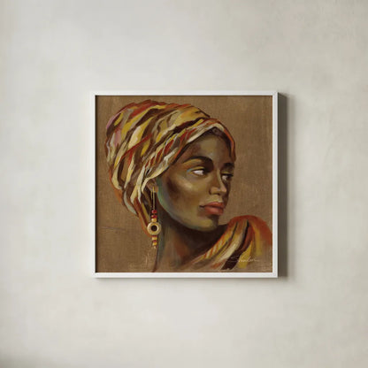 African Beauty I by Silvia Vassileva. Shown in a crisp white glass frame for a clean and minimalist style. Available as an archival giclee rolled canvas, fine art paper, or poster print. SKU 70485a.