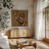 African Beauty I by Silvia Vassileva. Shown in a natural wood frame in a cozy modern living room. Available as an archival giclee rolled canvas, fine art paper, or poster print. SKU 70485a.