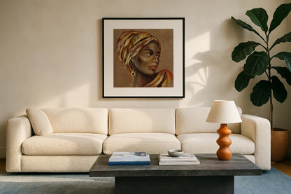African Beauty I by Silvia Vassileva. Displayed in a glass frame with matte in a clean modern living room. Available as an archival giclee rolled canvas, fine art paper, or poster print. SKU 70485a.