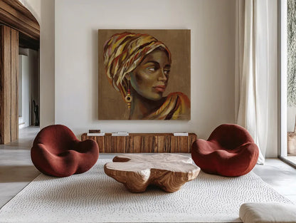 African Beauty I by Silvia Vassileva. Shown as extra-large giant wall art in a modern living room. Available as an archival giclee rolled canvas, fine art paper, or poster print. SKU 70485a.