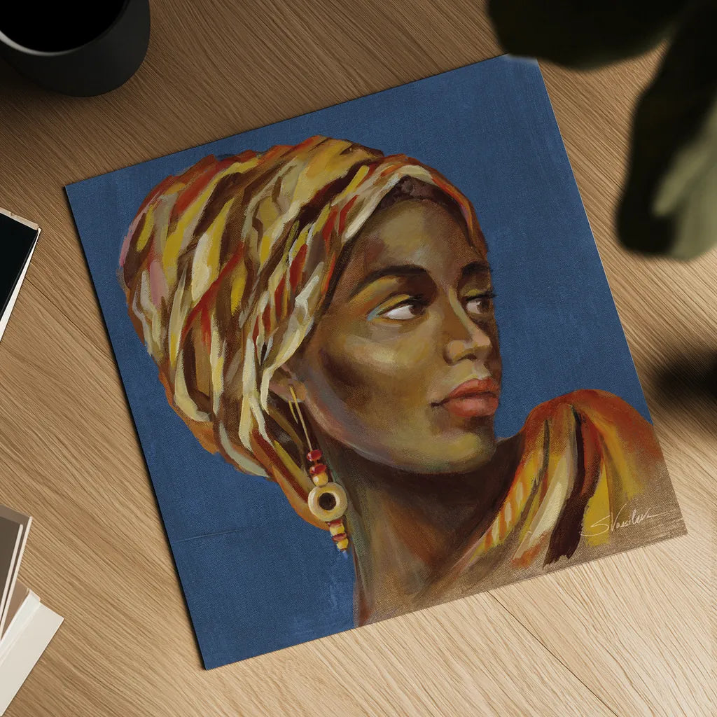 African Beauty I Blue by Silvia Vassileva. Shown as a detailed flat fine art print, highlighting archival giclee quality. Available as an archival giclee rolled canvas, fine art paper, or poster print. SKU 72626a.