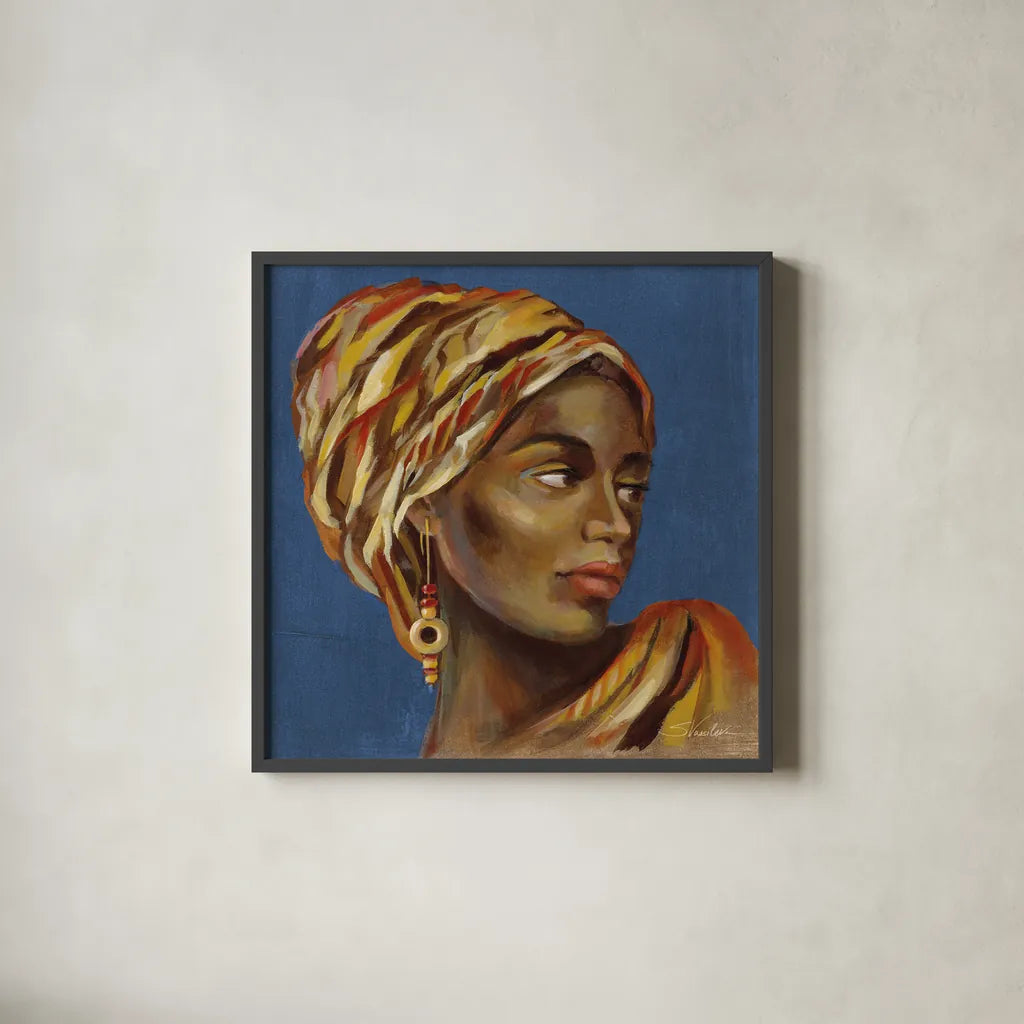 African Beauty I Blue by Silvia Vassileva. Shown in a sleek black glass frame for a contemporary gallery look. Available as an archival giclee rolled canvas, fine art paper, or poster print. SKU 72626a.