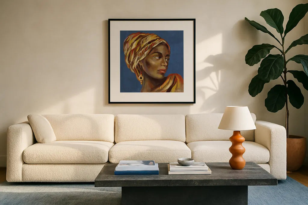 African Beauty I Blue by Silvia Vassileva. Displayed in a glass frame with matte in a clean modern living room. Available as an archival giclee rolled canvas, fine art paper, or poster print. SKU 72626a.
